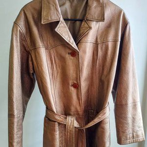 Newport News Gold Genuine Leather 3/.25 Trench Coat Jacket Womens Sz S Vintage